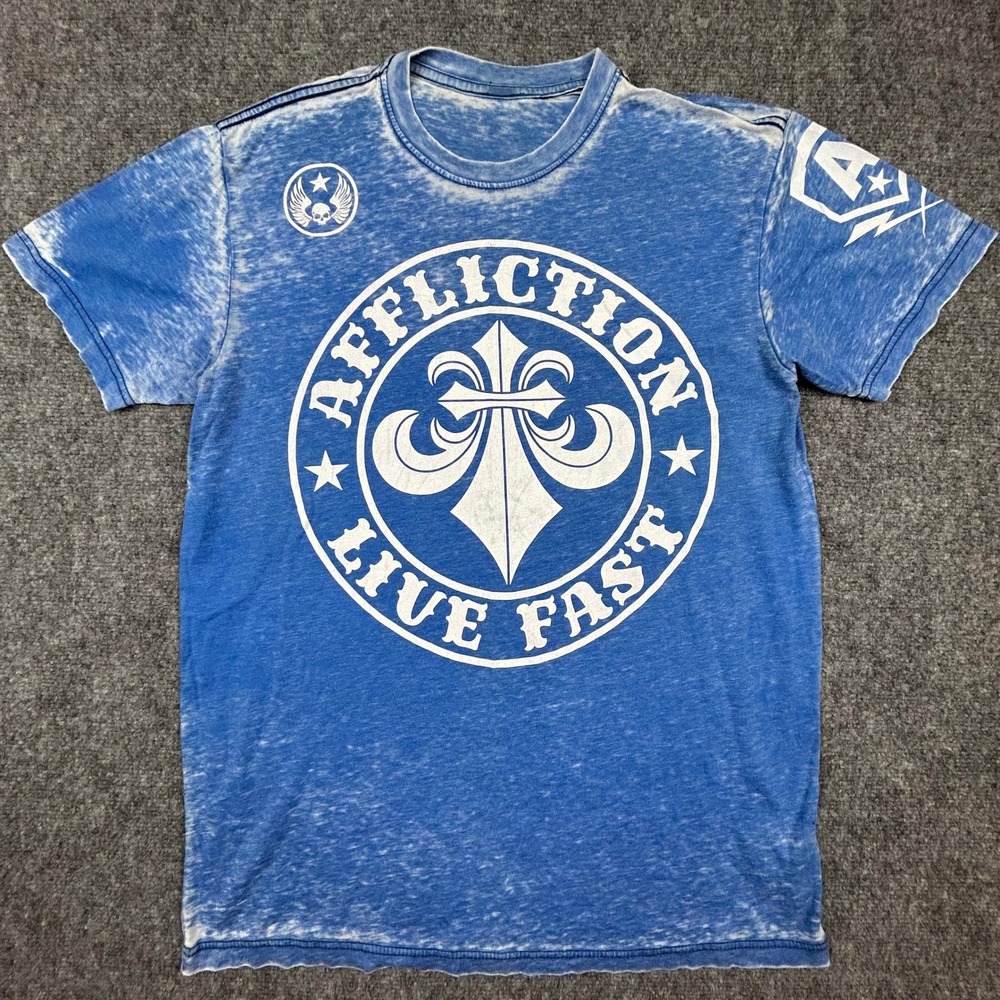 Affliction T-Shirt Mens L Blue Acid Wash Live Fast Fleur De Lis Graphic Tee